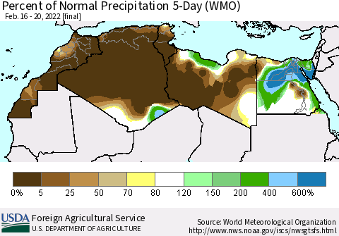 North Africa Percent of Normal Precipitation 5-Day (WMO) Thematic Map For 2/16/2022 - 2/20/2022