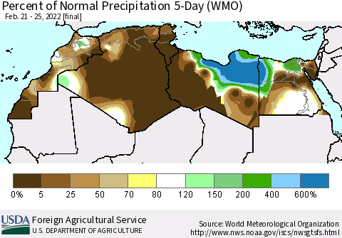 North Africa Percent of Normal Precipitation 5-Day (WMO) Thematic Map For 2/21/2022 - 2/25/2022