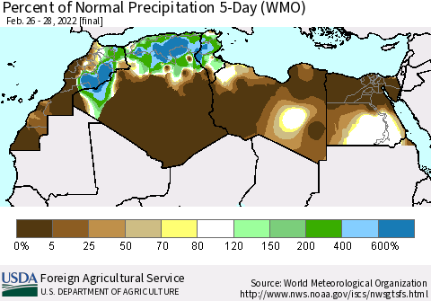 North Africa Percent of Normal Precipitation 5-Day (WMO) Thematic Map For 2/26/2022 - 2/28/2022