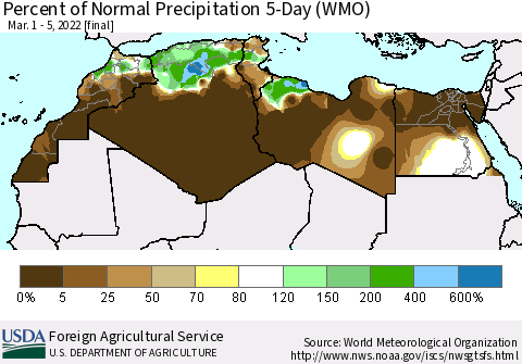 North Africa Percent of Normal Precipitation 5-Day (WMO) Thematic Map For 3/1/2022 - 3/5/2022