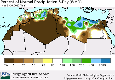 North Africa Percent of Normal Precipitation 5-Day (WMO) Thematic Map For 3/6/2022 - 3/10/2022
