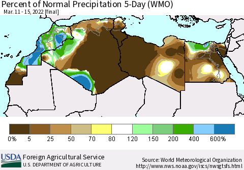 North Africa Percent of Normal Precipitation 5-Day (WMO) Thematic Map For 3/11/2022 - 3/15/2022