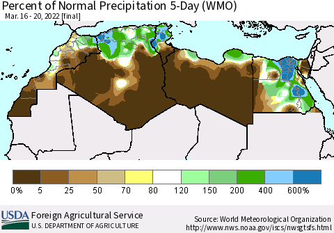 North Africa Percent of Normal Precipitation 5-Day (WMO) Thematic Map For 3/16/2022 - 3/20/2022