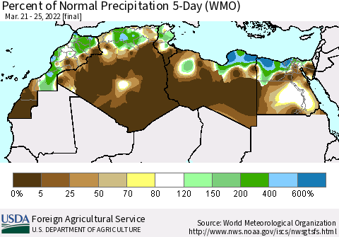 North Africa Percent of Normal Precipitation 5-Day (WMO) Thematic Map For 3/21/2022 - 3/25/2022