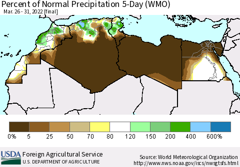North Africa Percent of Normal Precipitation 5-Day (WMO) Thematic Map For 3/26/2022 - 3/31/2022