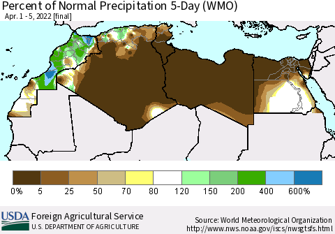 North Africa Percent of Normal Precipitation 5-Day (WMO) Thematic Map For 4/1/2022 - 4/5/2022