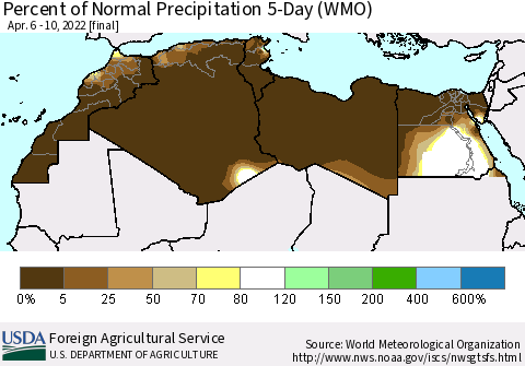 North Africa Percent of Normal Precipitation 5-Day (WMO) Thematic Map For 4/6/2022 - 4/10/2022