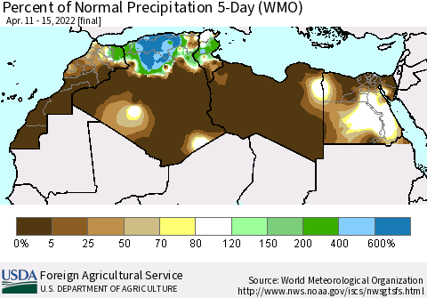 North Africa Percent of Normal Precipitation 5-Day (WMO) Thematic Map For 4/11/2022 - 4/15/2022