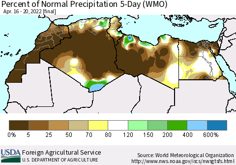 North Africa Percent of Normal Precipitation 5-Day (WMO) Thematic Map For 4/16/2022 - 4/20/2022
