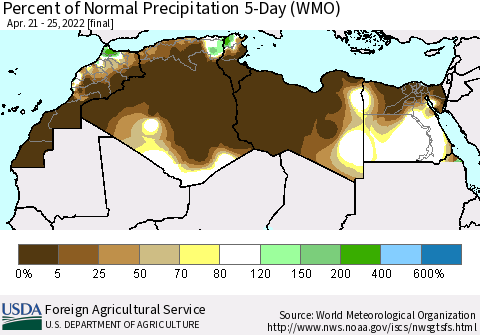 North Africa Percent of Normal Precipitation 5-Day (WMO) Thematic Map For 4/21/2022 - 4/25/2022