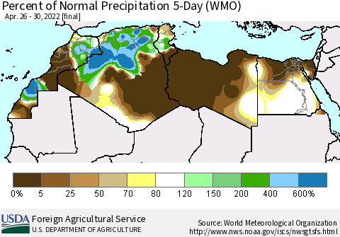 North Africa Percent of Normal Precipitation 5-Day (WMO) Thematic Map For 4/26/2022 - 4/30/2022