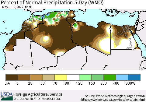 North Africa Percent of Normal Precipitation 5-Day (WMO) Thematic Map For 5/1/2022 - 5/5/2022