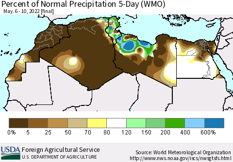 North Africa Percent of Normal Precipitation 5-Day (WMO) Thematic Map For 5/6/2022 - 5/10/2022