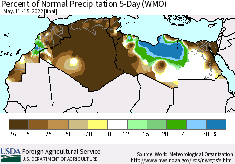 North Africa Percent of Normal Precipitation 5-Day (WMO) Thematic Map For 5/11/2022 - 5/15/2022