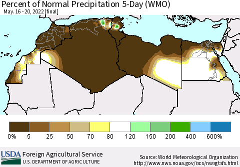 North Africa Percent of Normal Precipitation 5-Day (WMO) Thematic Map For 5/16/2022 - 5/20/2022