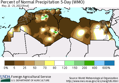 North Africa Percent of Normal Precipitation 5-Day (WMO) Thematic Map For 5/21/2022 - 5/25/2022