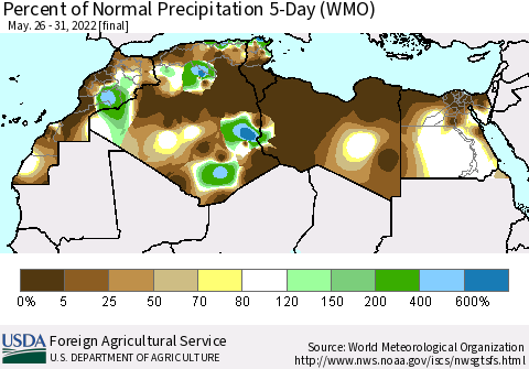 North Africa Percent of Normal Precipitation 5-Day (WMO) Thematic Map For 5/26/2022 - 5/31/2022
