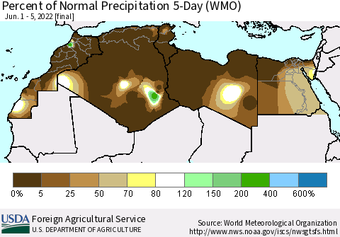 North Africa Percent of Normal Precipitation 5-Day (WMO) Thematic Map For 6/1/2022 - 6/5/2022