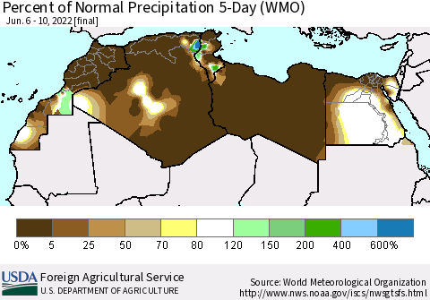 North Africa Percent of Normal Precipitation 5-Day (WMO) Thematic Map For 6/6/2022 - 6/10/2022