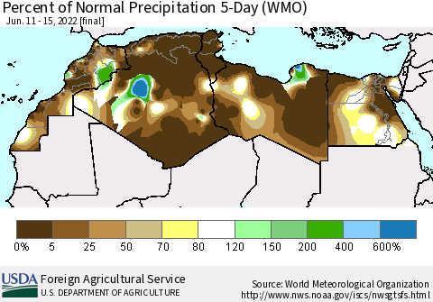 North Africa Percent of Normal Precipitation 5-Day (WMO) Thematic Map For 6/11/2022 - 6/15/2022