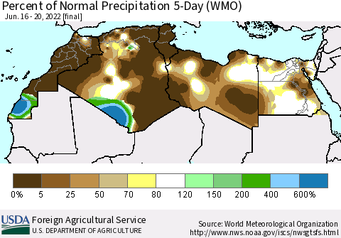 North Africa Percent of Normal Precipitation 5-Day (WMO) Thematic Map For 6/16/2022 - 6/20/2022