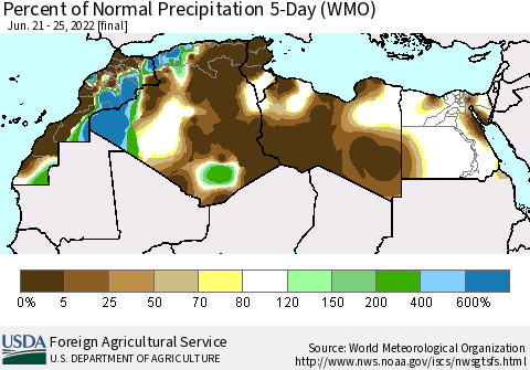 North Africa Percent of Normal Precipitation 5-Day (WMO) Thematic Map For 6/21/2022 - 6/25/2022