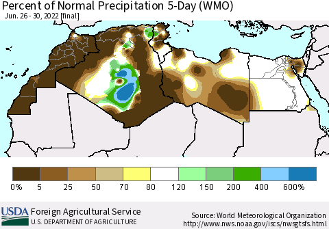 North Africa Percent of Normal Precipitation 5-Day (WMO) Thematic Map For 6/26/2022 - 6/30/2022