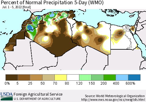 North Africa Percent of Normal Precipitation 5-Day (WMO) Thematic Map For 7/1/2022 - 7/5/2022