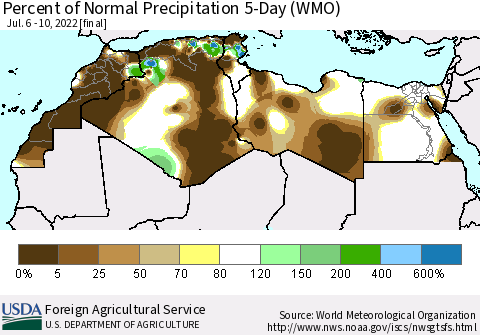 North Africa Percent of Normal Precipitation 5-Day (WMO) Thematic Map For 7/6/2022 - 7/10/2022