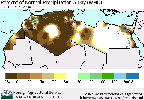 North Africa Percent of Normal Precipitation 5-Day (WMO) Thematic Map For 7/11/2022 - 7/15/2022