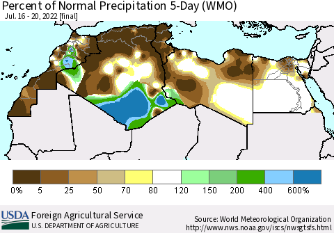 North Africa Percent of Normal Precipitation 5-Day (WMO) Thematic Map For 7/16/2022 - 7/20/2022