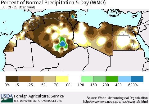 North Africa Percent of Normal Precipitation 5-Day (WMO) Thematic Map For 7/21/2022 - 7/25/2022