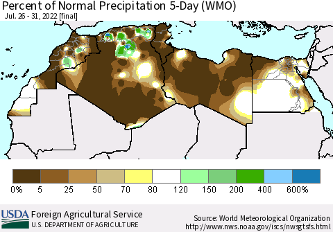 North Africa Percent of Normal Precipitation 5-Day (WMO) Thematic Map For 7/26/2022 - 7/31/2022