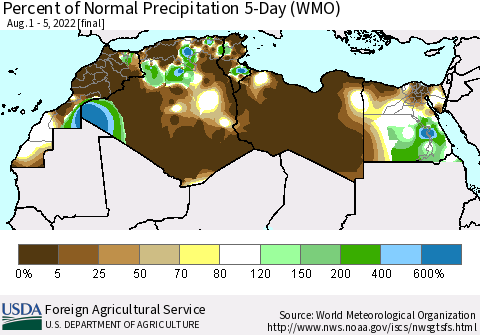 North Africa Percent of Normal Precipitation 5-Day (WMO) Thematic Map For 8/1/2022 - 8/5/2022