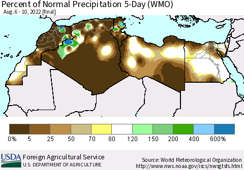 North Africa Percent of Normal Precipitation 5-Day (WMO) Thematic Map For 8/6/2022 - 8/10/2022