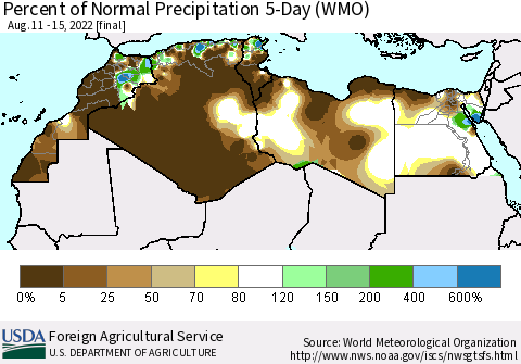 North Africa Percent of Normal Precipitation 5-Day (WMO) Thematic Map For 8/11/2022 - 8/15/2022
