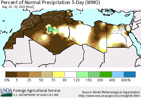 North Africa Percent of Normal Precipitation 5-Day (WMO) Thematic Map For 8/16/2022 - 8/20/2022