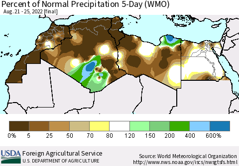 North Africa Percent of Normal Precipitation 5-Day (WMO) Thematic Map For 8/21/2022 - 8/25/2022
