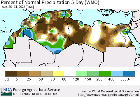 North Africa Percent of Normal Precipitation 5-Day (WMO) Thematic Map For 8/26/2022 - 8/31/2022