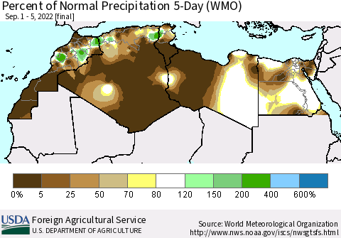 North Africa Percent of Normal Precipitation 5-Day (WMO) Thematic Map For 9/1/2022 - 9/5/2022