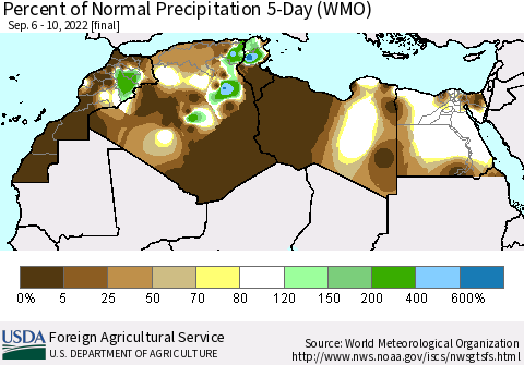 North Africa Percent of Normal Precipitation 5-Day (WMO) Thematic Map For 9/6/2022 - 9/10/2022