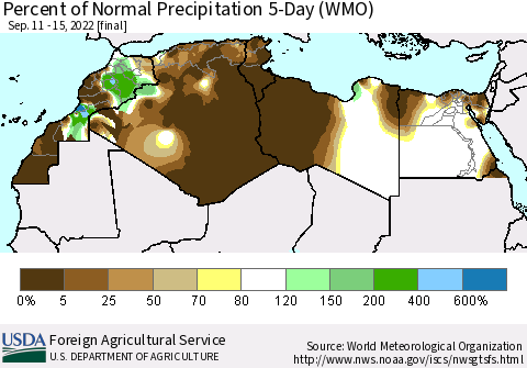North Africa Percent of Normal Precipitation 5-Day (WMO) Thematic Map For 9/11/2022 - 9/15/2022