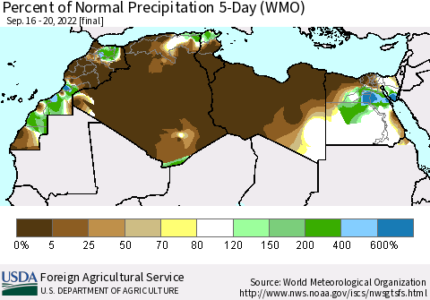 North Africa Percent of Normal Precipitation 5-Day (WMO) Thematic Map For 9/16/2022 - 9/20/2022