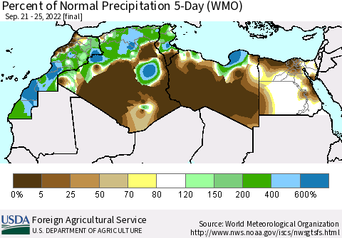 North Africa Percent of Normal Precipitation 5-Day (WMO) Thematic Map For 9/21/2022 - 9/25/2022