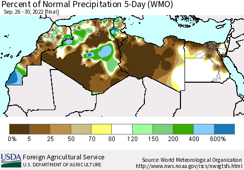 North Africa Percent of Normal Precipitation 5-Day (WMO) Thematic Map For 9/26/2022 - 9/30/2022