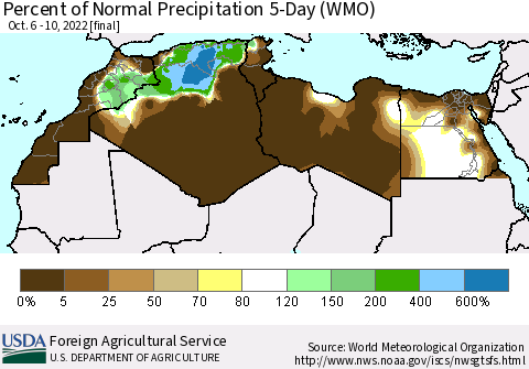 North Africa Percent of Normal Precipitation 5-Day (WMO) Thematic Map For 10/6/2022 - 10/10/2022