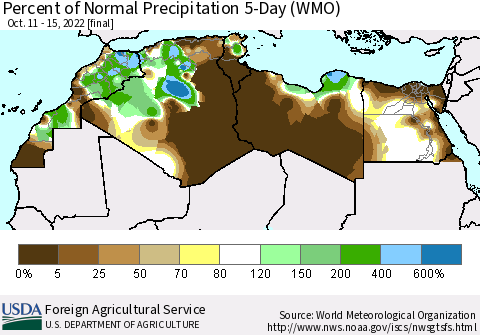 North Africa Percent of Normal Precipitation 5-Day (WMO) Thematic Map For 10/11/2022 - 10/15/2022