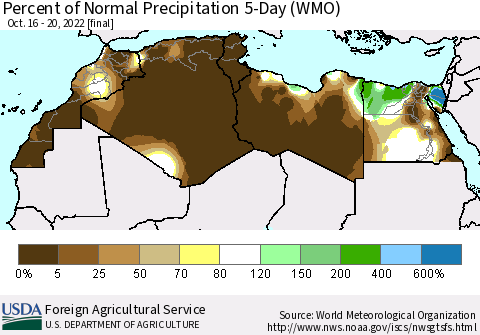 North Africa Percent of Normal Precipitation 5-Day (WMO) Thematic Map For 10/16/2022 - 10/20/2022