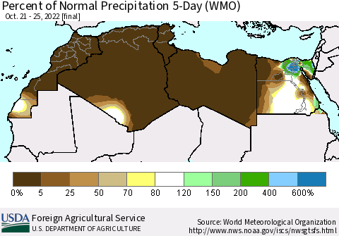 North Africa Percent of Normal Precipitation 5-Day (WMO) Thematic Map For 10/21/2022 - 10/25/2022