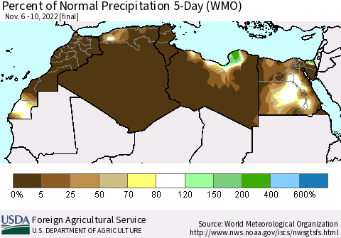 North Africa Percent of Normal Precipitation 5-Day (WMO) Thematic Map For 11/6/2022 - 11/10/2022
